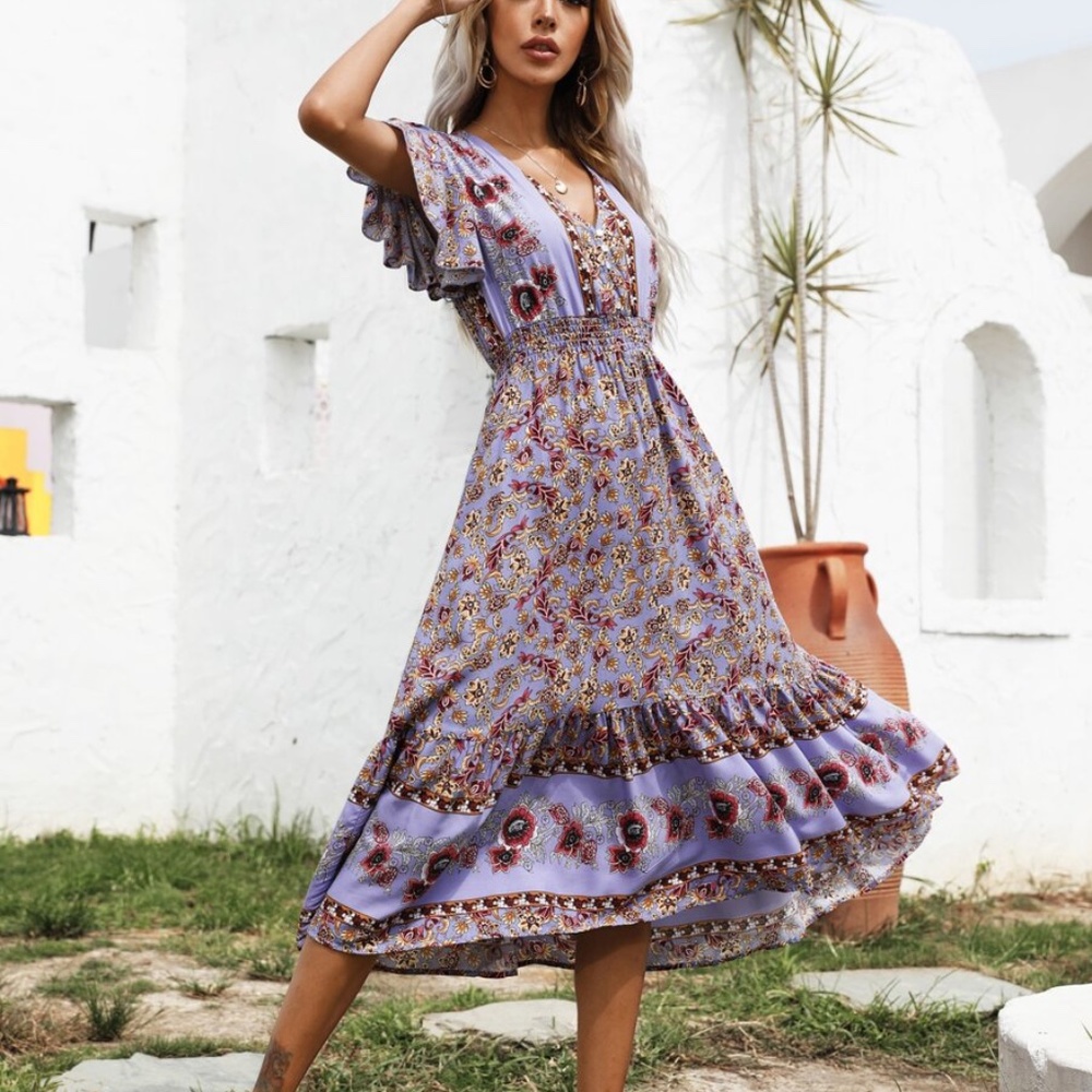 Boho Purple Butterfly Sleeve V neck Midi Dress - Picture 12 of 12